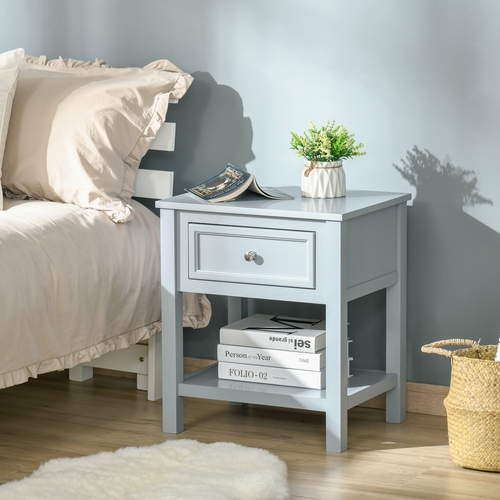 HOMCOM Accent End Table Nightstand with Grey Tabletop, Storage Drawer,