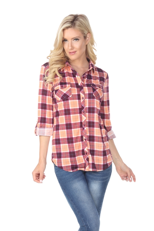 White Mark 17555-08-M Oakley Stretchy Plaid Shirt - Orange & Purple