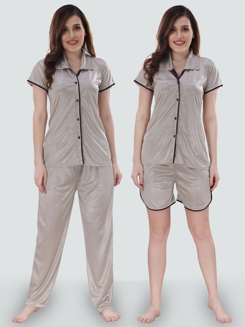 Romaisa Women's Satin Solid Grey Top and Pyjama with Shorts