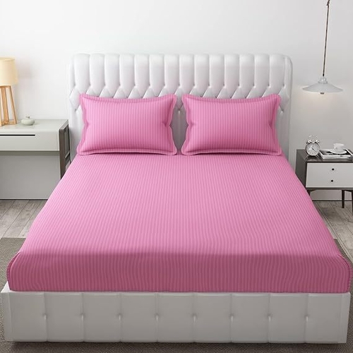 Cotton Queen Size Striped Bedsheet (Size-QUEEN SIZE) (Color-PINK)