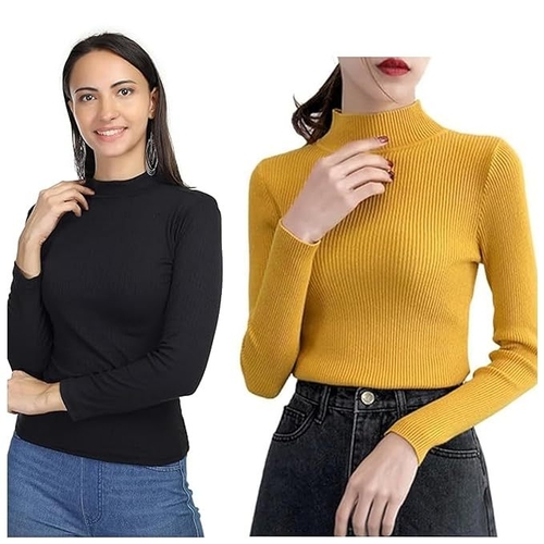 MULTICOLOR Round Neck Full Length Fullsleeve Ribbed Tops for Women