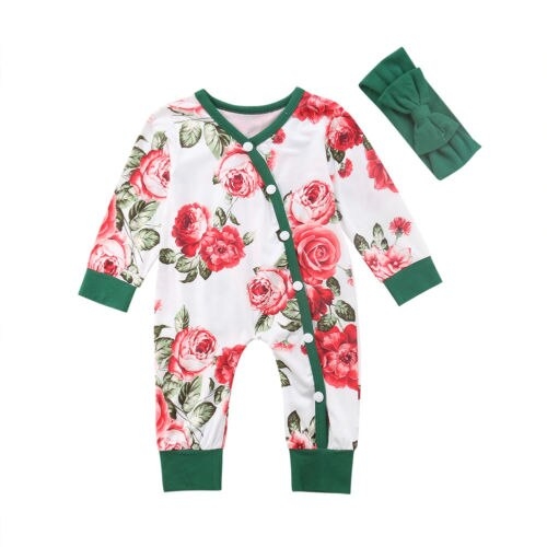 Cute Newborn Baby Girl Button Romper Floral Long