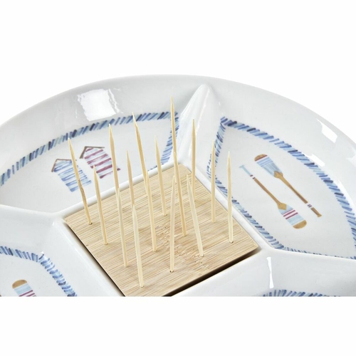 Snack tray DKD Home Decor Blue Natural Bamboo Stoneware Mediterranean