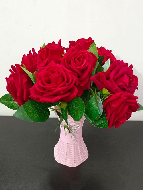 Velvet Faux Roses Artificial 6 Red Rose Flower Sticks for Vase for