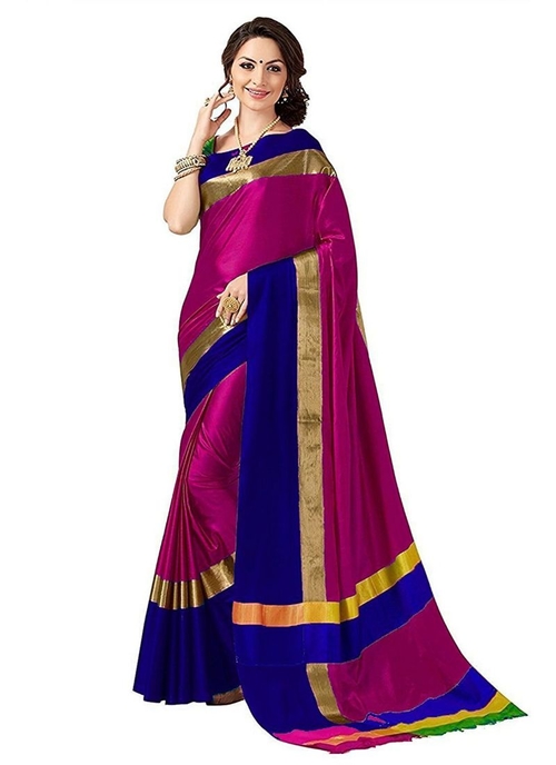 Pink And Blue Color Cottn Silk  Saree