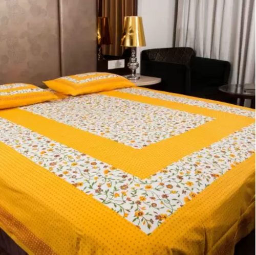 144 TC Cotton Double Jaipuri Prints Flat Bedsheet  (Pack of 1, Yellow,