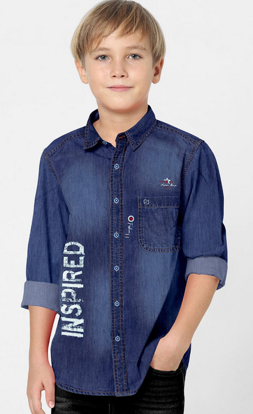 Boys Classic Spread Collar Faded Denim Casual Shirt (Color Navy Blue)