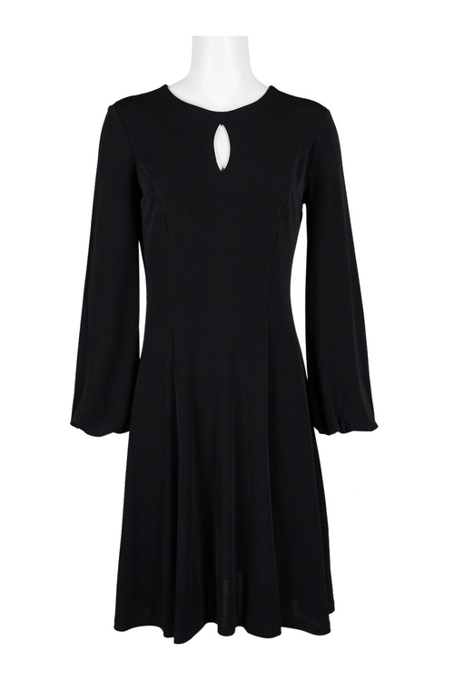 London Times Crew Neck Keyhole Front Long Sleeve Zipper Back Flutter