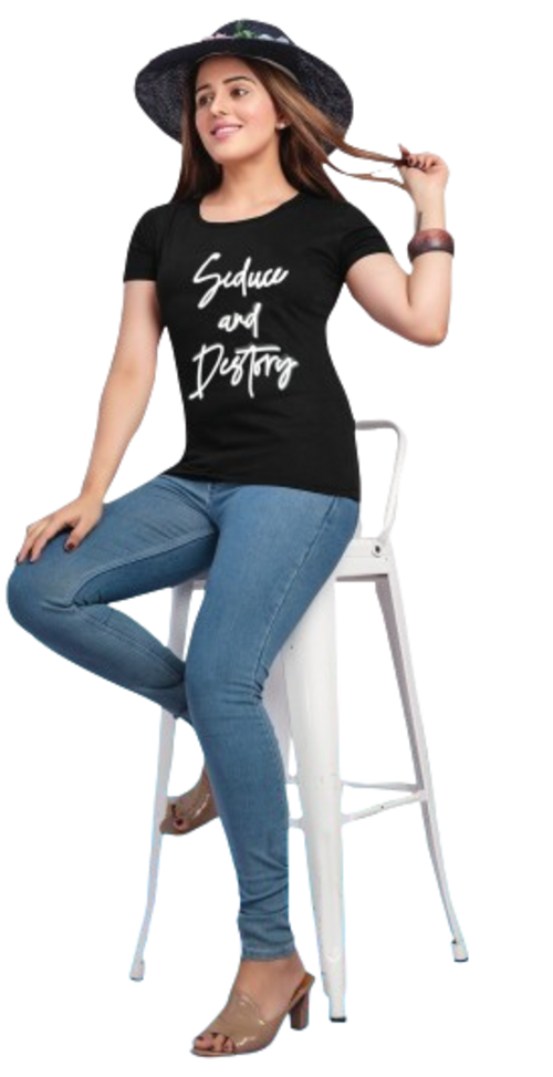 Women's Black Round Neck Half Sleeves Tshirt Size M