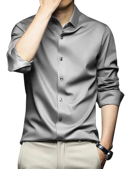 Men Regular Fit Full Sleeve Satin Silk Shirt (Size-S) (Color-GREY)