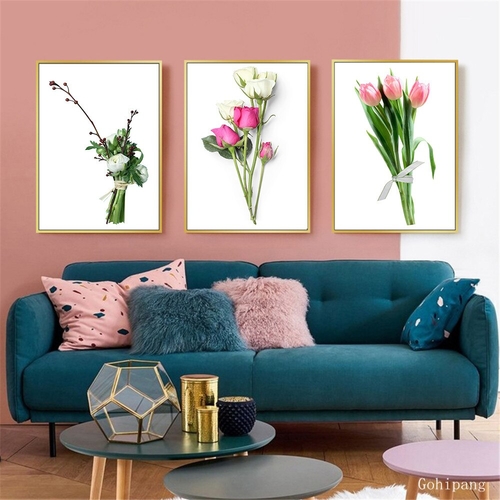 Floral Poster Green Canvas Painting Pink Plants