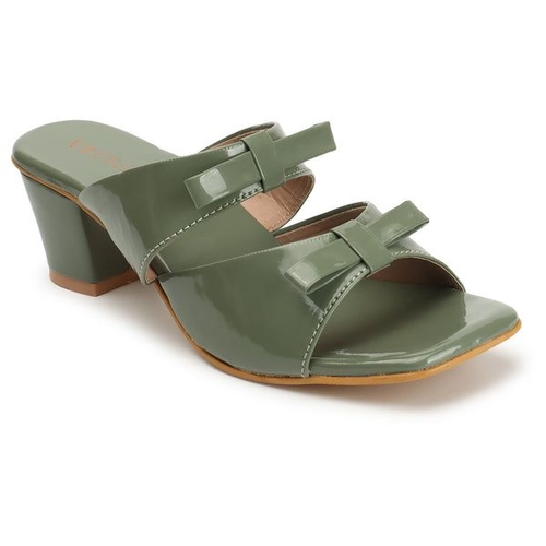 Slip-On Chunky Heeled Sandals with Bow Accent (Size-40) (Color-OLIVE)