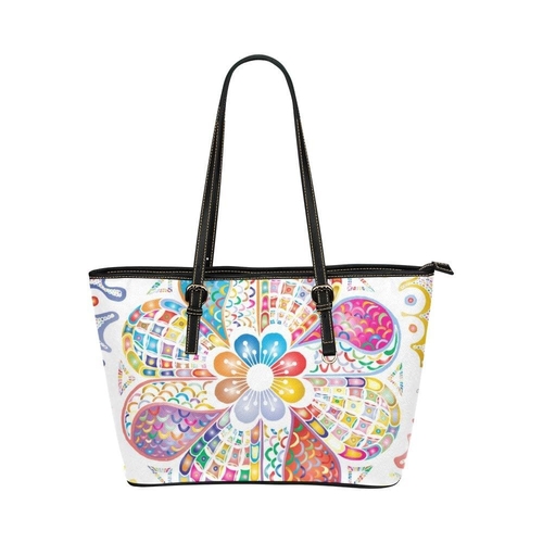 Large Leather Tote Shoulder Bag - Floral White Multicolor Illustration
