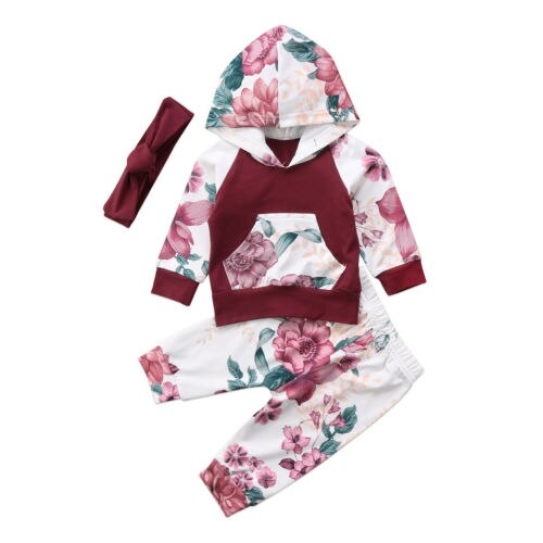 3PCS Newborn Baby Girls Kids Floral Hooded Tops