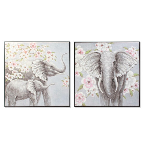 Painting DKD Home Decor Elephant 100 x 3,5 x 100 cm Colonial Flowers
