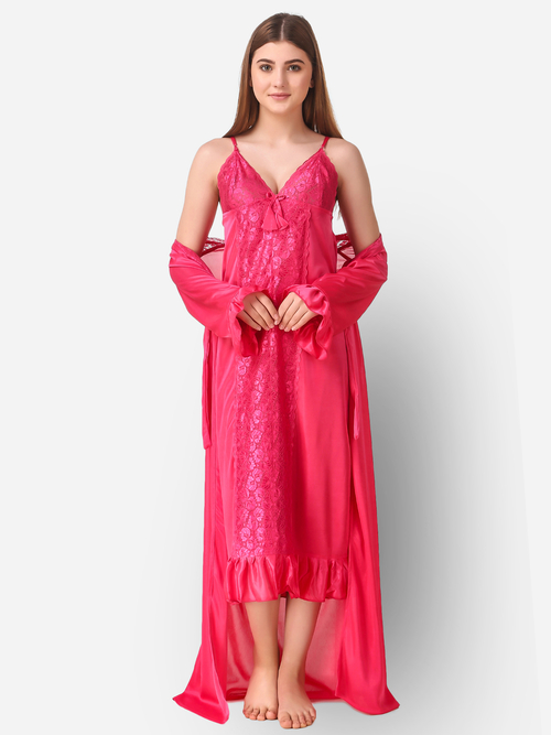 Romaisa Women's Satin Solid Pink Maxi Length Nighty with Robe