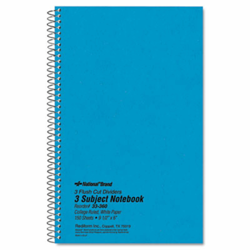 National Brand 33360 3-Subject Wirebound Notebook- College Rule- 6 x 9