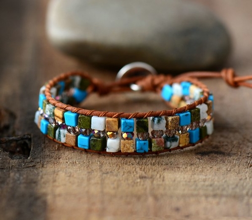 Boh Square Natural Stones Single Leather Wrap