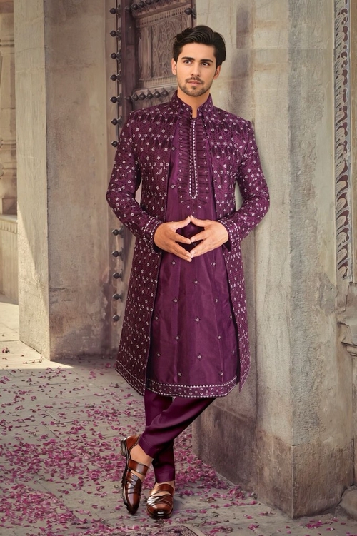 Purple Shrug styled hand embroidered silk indo-western sherwani with