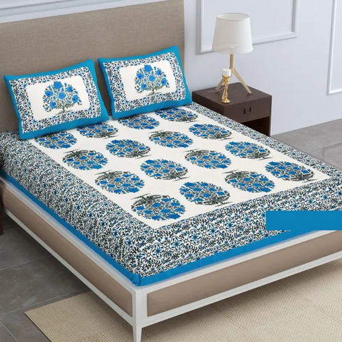 Turquoise Jaipuri Cotton Double Badsheet with Two Pillow Cover (Size
