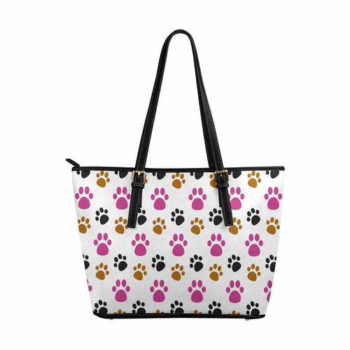 Large Leather Tote Shoulder Bag - Tri-color Paws White Tote