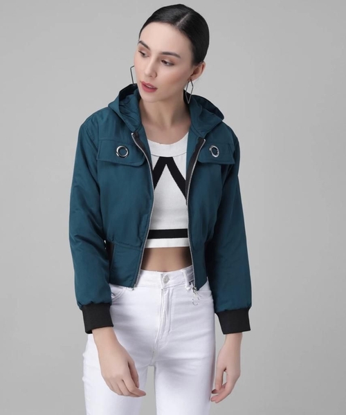 Women Solid Light Weight Casual Short Jacket (Color Teal Blue) (Size