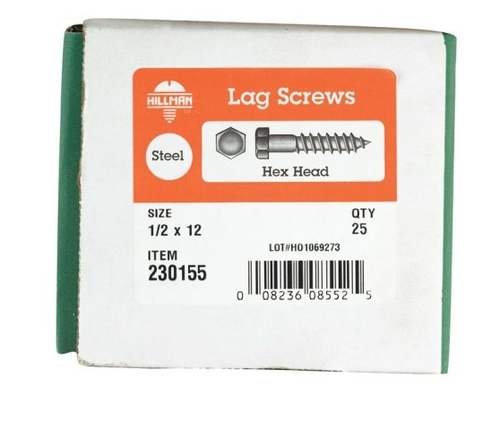 Hillman 230155 0.5 x 12 in. Zinc Plated Hex Head Lag Screw  Box of 25