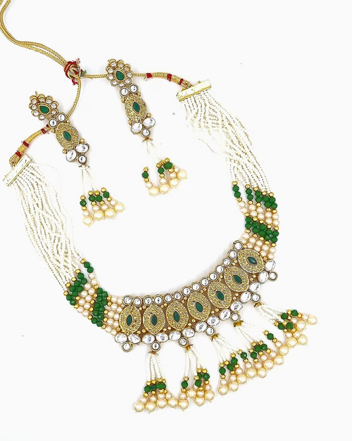 Gold-Plated Stone-Studded Necklace & Earrings Set Green & white beads