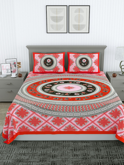 Print Double Bedsheet With Two Pillow Covers(red)