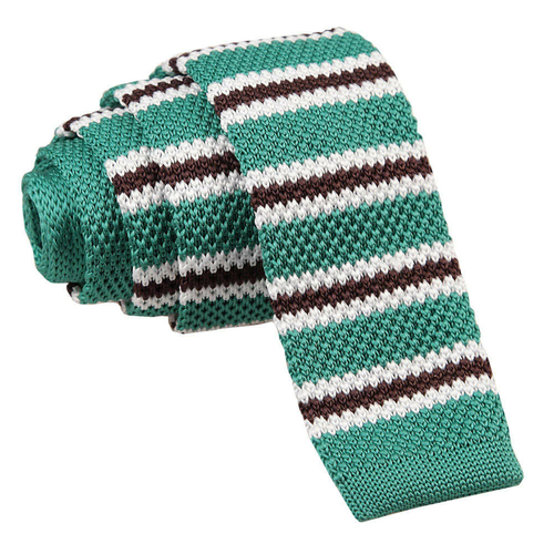 Knitted 3 Thin Stripe Skinny Tie - Knitted Teal with Brown & White