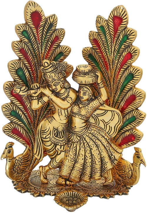 Heavy Grade Aluminium Decorative Radha Krishna with Peacock Idol