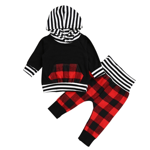 2Pcs Babies Hooded Plaids Stripes Clothing Set