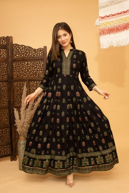 Rayon Blend Stitched Anarkali Gown SIZE-2XL COLOR-DARK BLACK