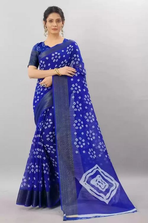 Women's Printed Bandhani Cotton Blend Saree Color Blue