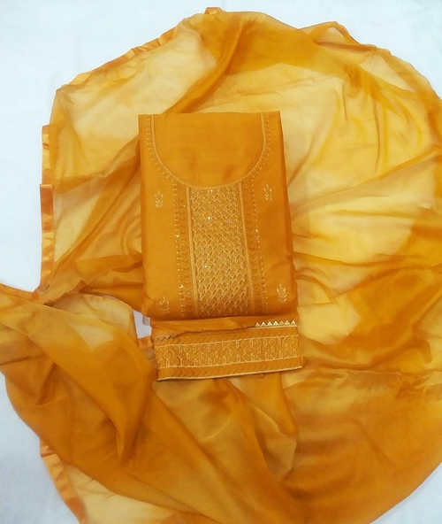 Unstitched Cotton Salwar Suit Material Embroidered Color Yellow