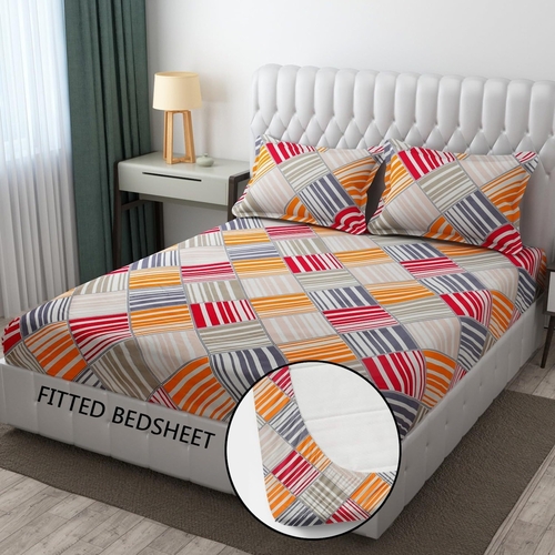 Cotton Elastic Fitted Block Printed King Size Double Bed Bedsheet KING