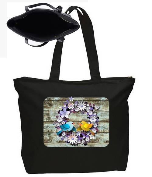 Colorful Bird & Flowers Large New Zipper Tote Bag