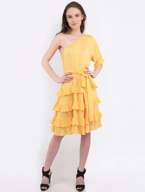 Women Fit and Flare Yellow Dress (Size XL)