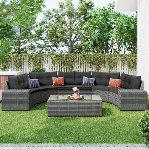 8-pieces Outdoor Wicker Round Sofa Set, Half-Moon Sectional Sets All