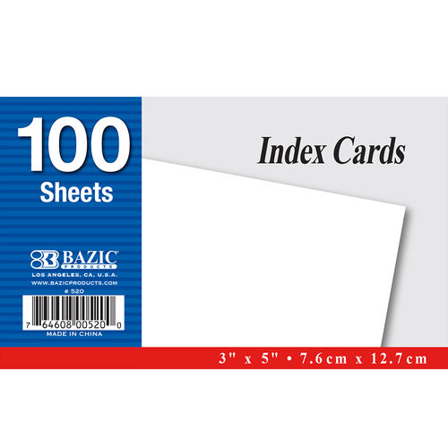 Bazic 100 Count 3" x 5" Unruled White Index Card