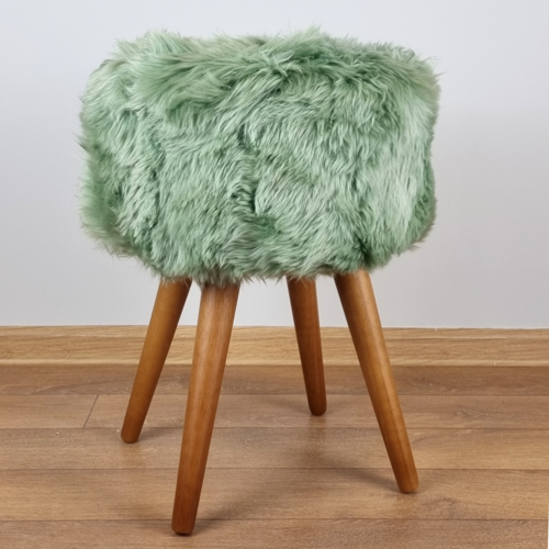 Minty green genuine sheepskin stool with oak legs