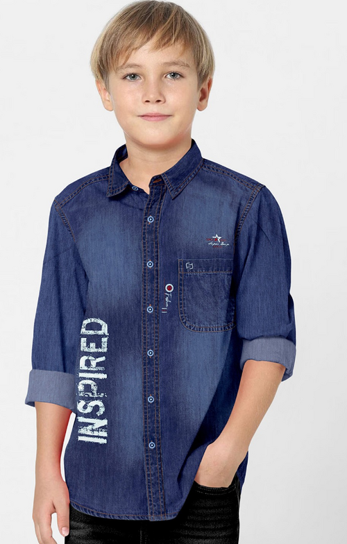 Boys Classic Spread Collar Faded Denim Casual Shirt (Color Navy Blue)