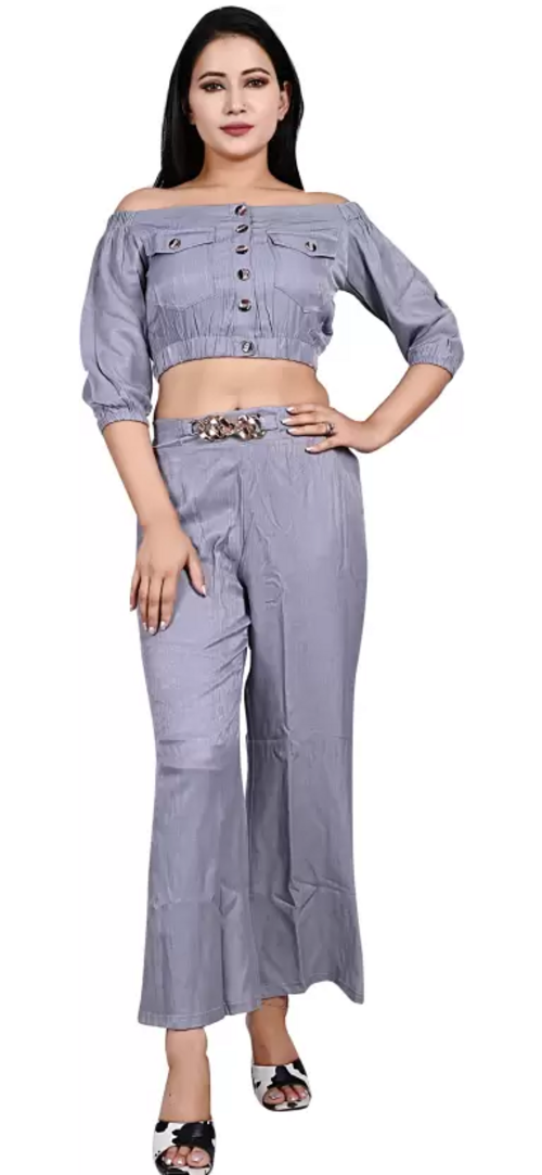 Women Cotton Blend Crop Top Palazzo Set (Color Grey) (Size L)
