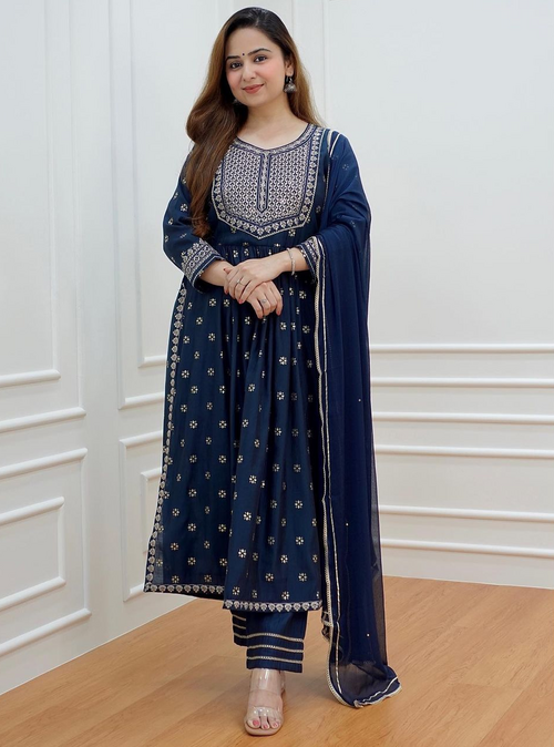 Women Dark Blue Rayon embroidery work nyra cut Kurti with pant and