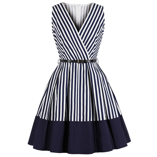  Navy Blue Stripe Women Party Dress V Neck