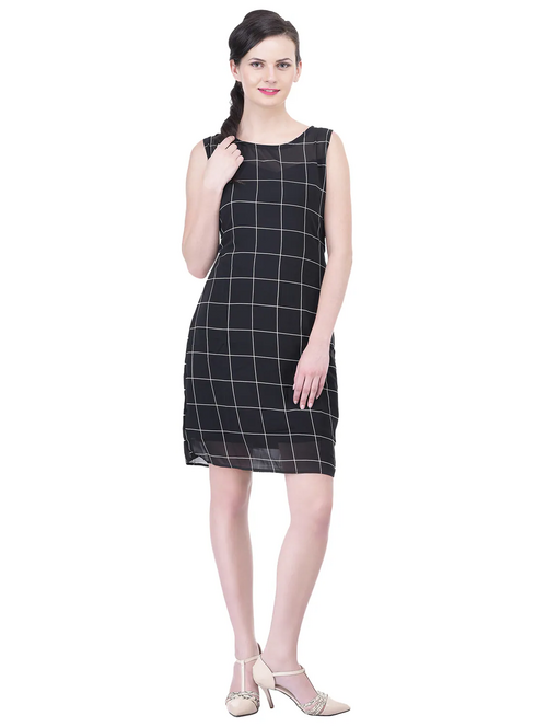 Black Checked Printed Casual Dress (Size-XL) (Color-BLACK)