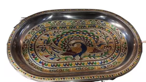 Designer Peacock Tray Stainless Steel Golden Meenakari