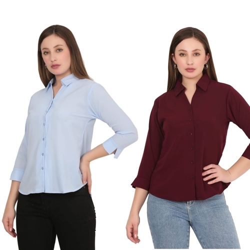 Womens Solid Formal Shirt PACK OF 2 LIGHT BLUE AND MAROON  M