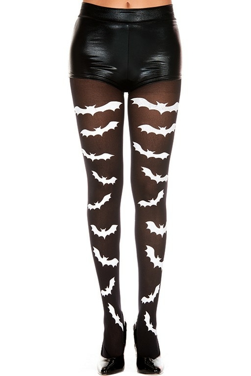 37273-BLACK-WHITE Gothic Bat Print Pantyhose, Black & White