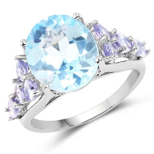 6.39 Carat Genuine Blue Topaz and Tanzanite .925 Sterling Silver Ring